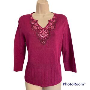 Simon  Change Small Embellished V Neck Sweater 3/4Sleeve Pink
